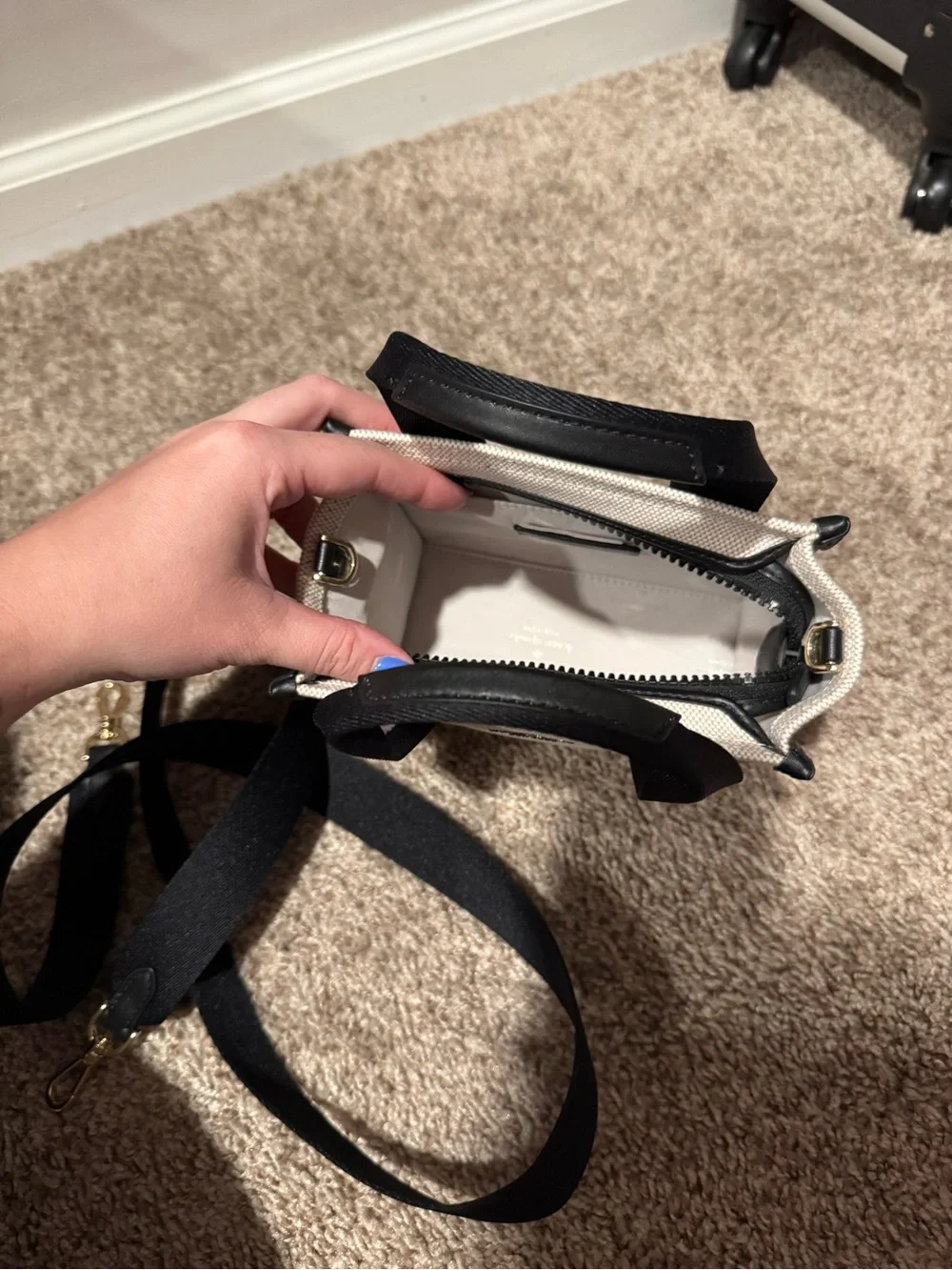 kate spade cream canvas tote with black logo straps